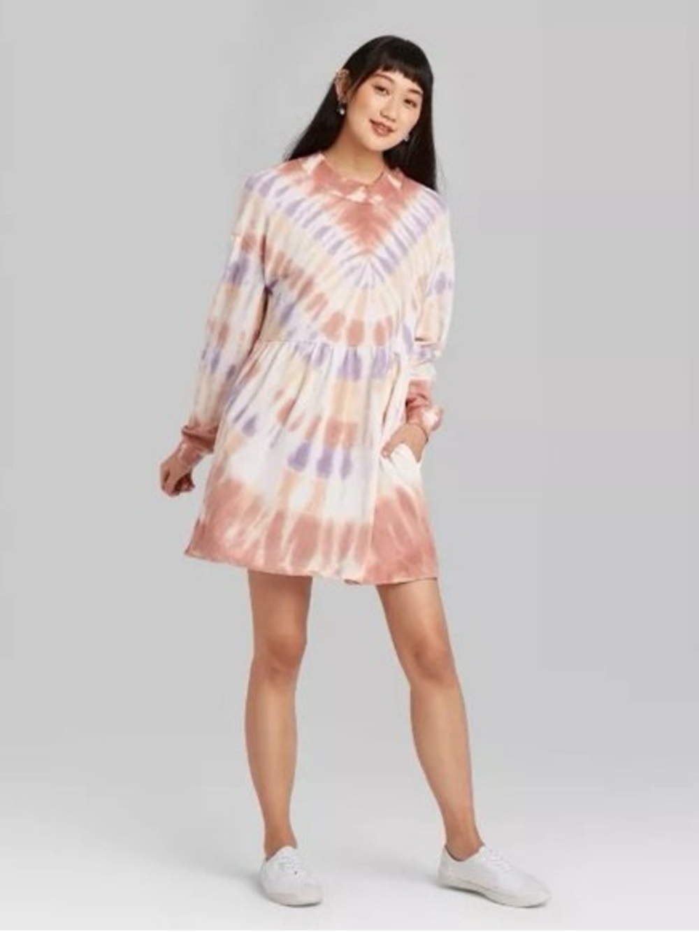 Wild Fable pale peach multicolor tie-dye long sleeve mock neck sweatshirt dress